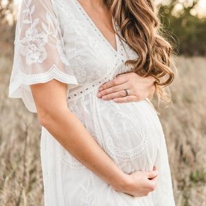 PinkBlush White Lace Mesh Overlay Maternity Dress
